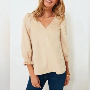 EUC Tuckernuck Easton Faux Suede V-Neck Swing, 3/4 Sleeve Bone/Beige, SMALL